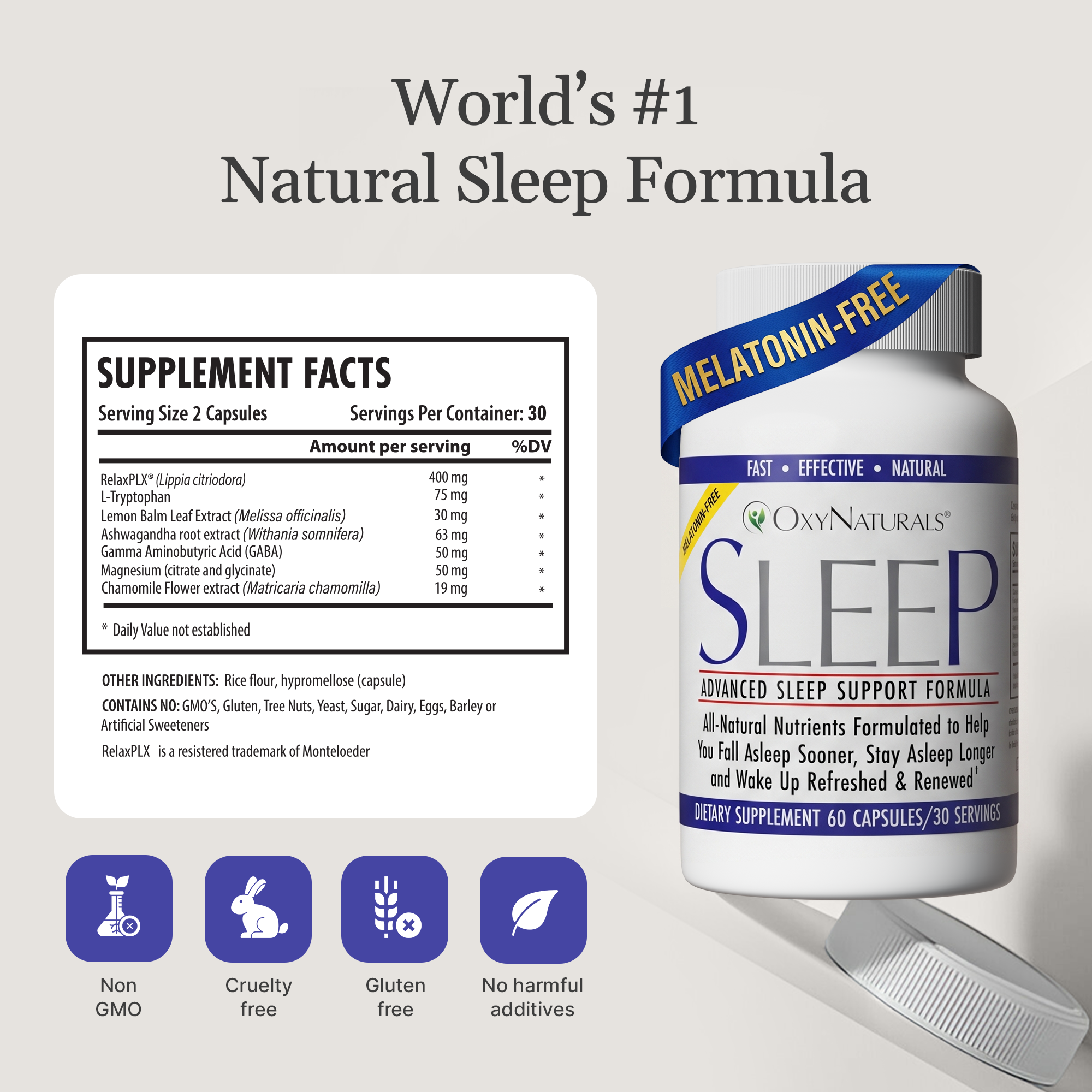 White plastic bottle of OxyNaturals SLEEP Melatonin-Free capsules next to a Supplement Facts label and four icons.